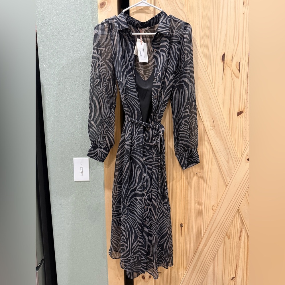 Skies Are Blue Black Sheer Zebra-Print Wrap Dress